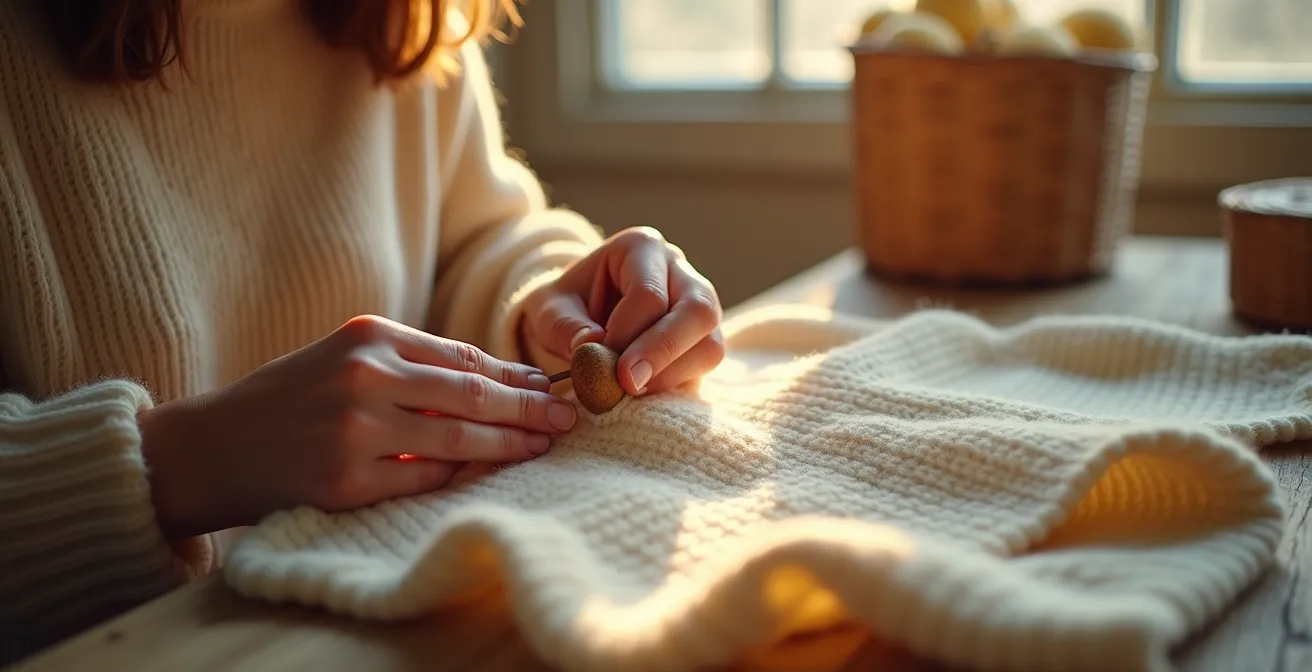 Mains délicates réparant une maille filée sur un pull en cachemire